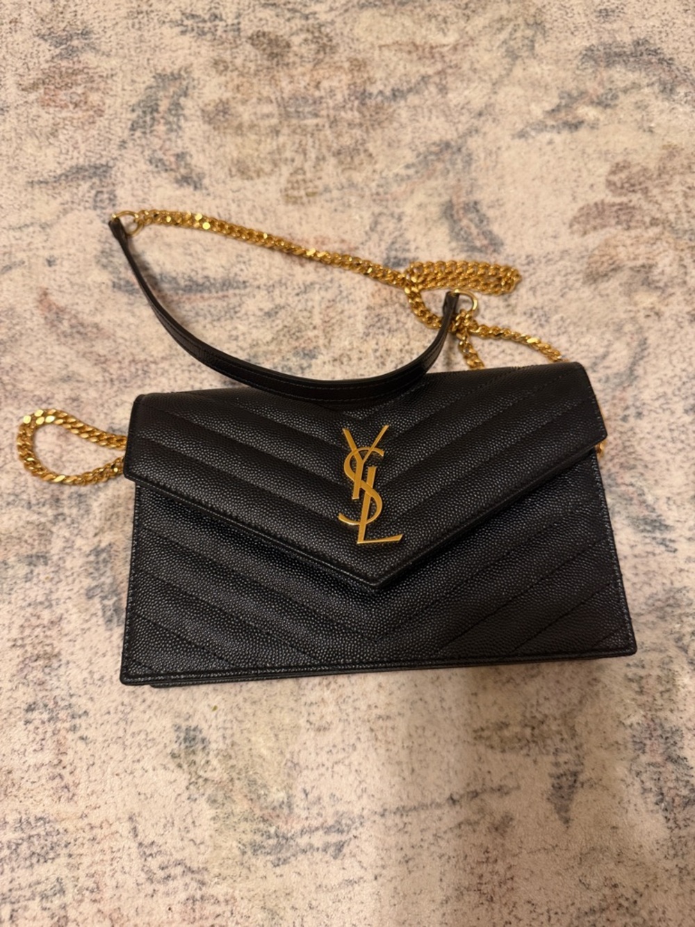 Saint Laurent Black Leather Chevron Envelope Crossbody with Gold YSL Chain
